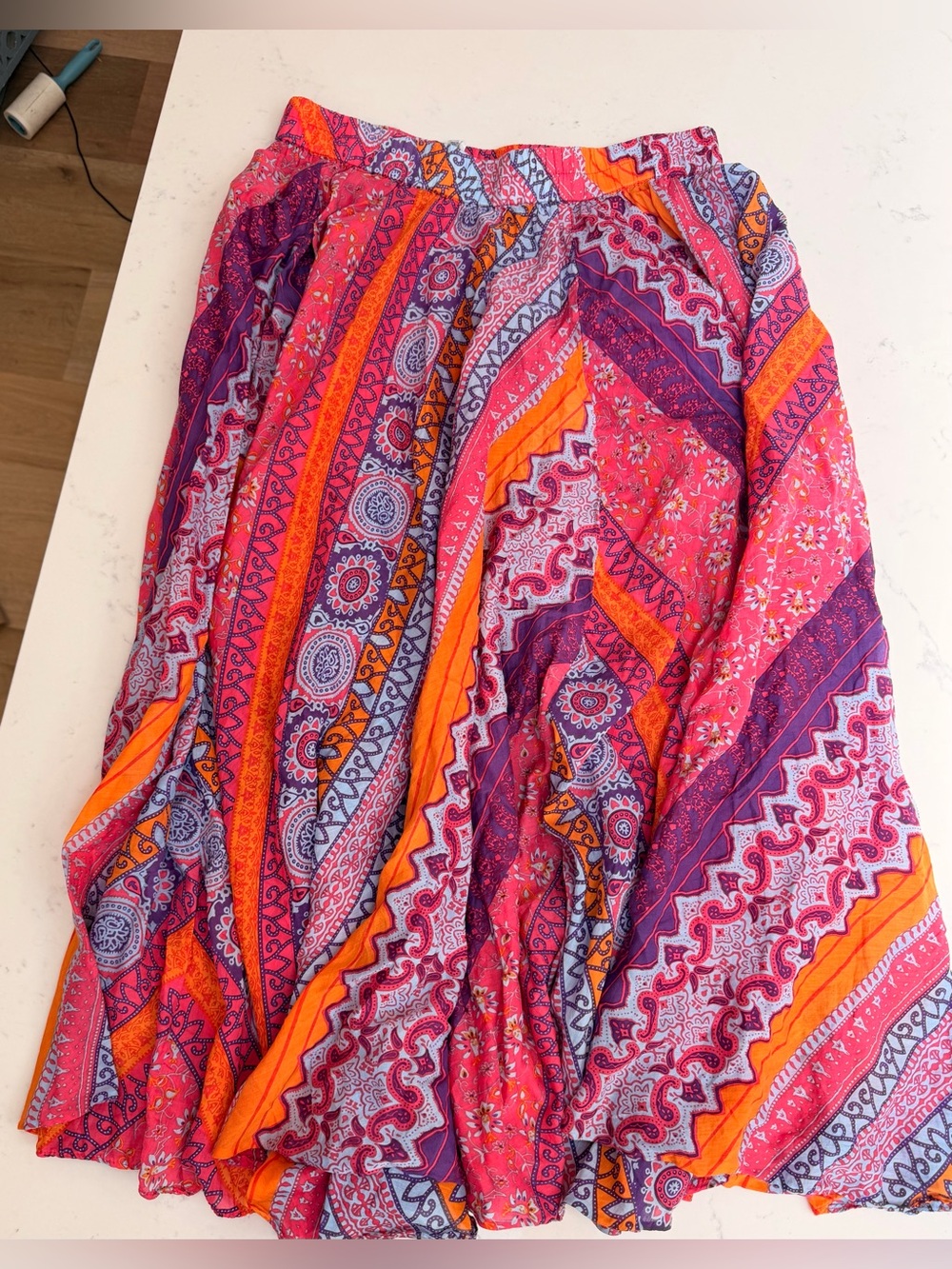 Vibrant Boho Print Midi Skirt - Vintage Wintersilks cotton/silk blend, Large
